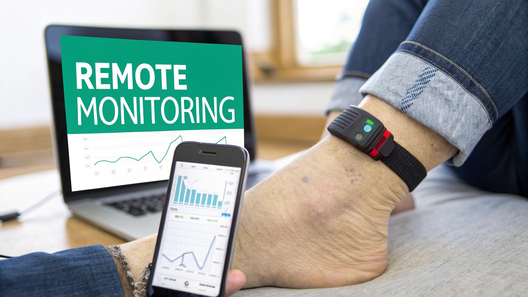A person wears an ankle monitor while using a laptop and smartphone for remote health monitoring.