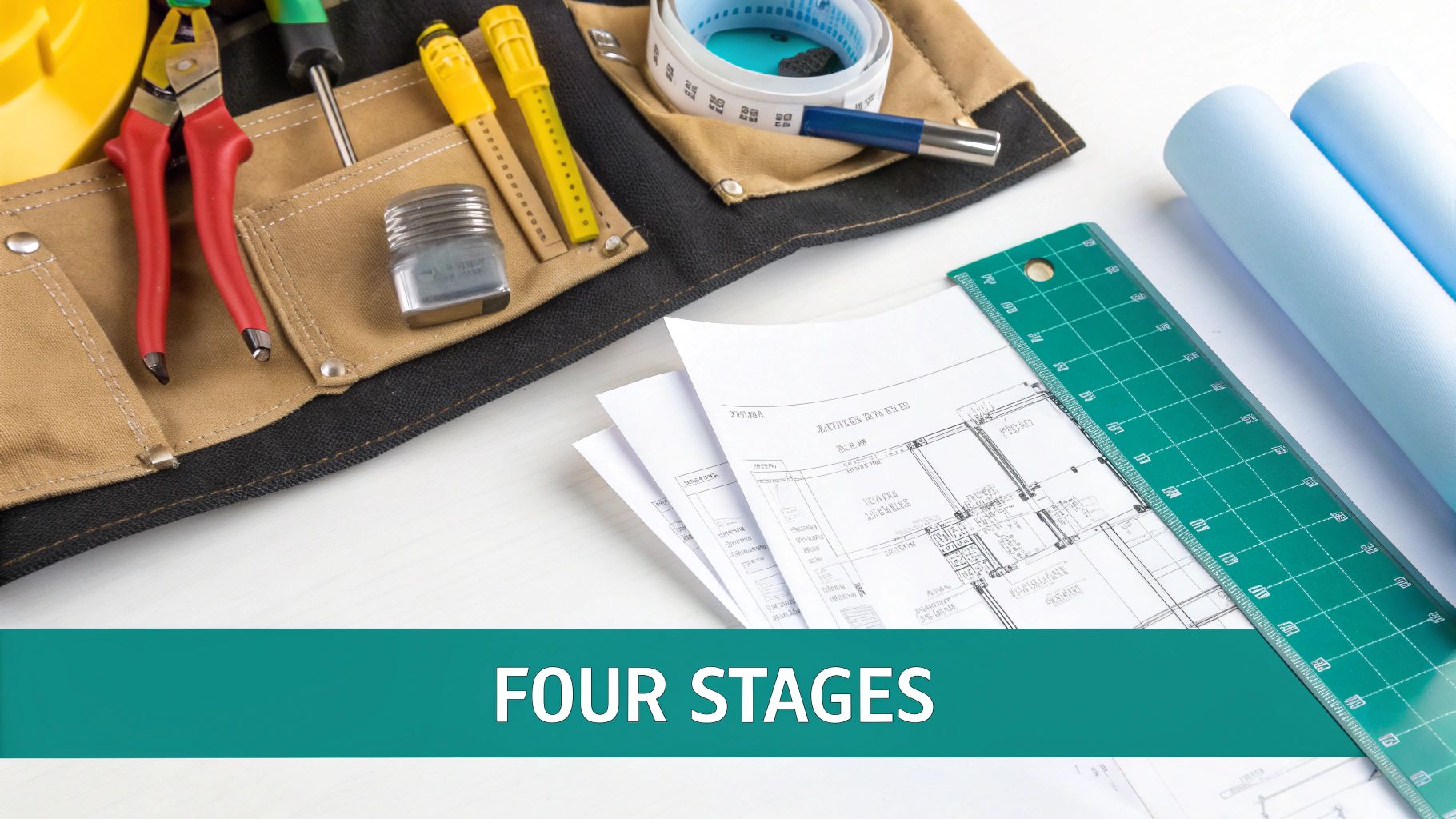 Overhead view of construction tools, blueprints, and measuring tape, symbolizing planning and building work.