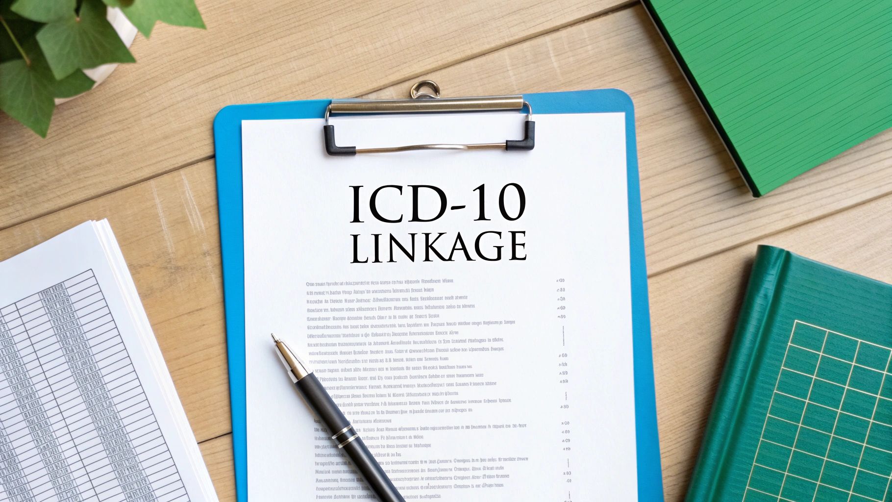 Medical coding document titled 'ICD-10 LINKAGE' on a wooden desk with a pen and office supplies.
