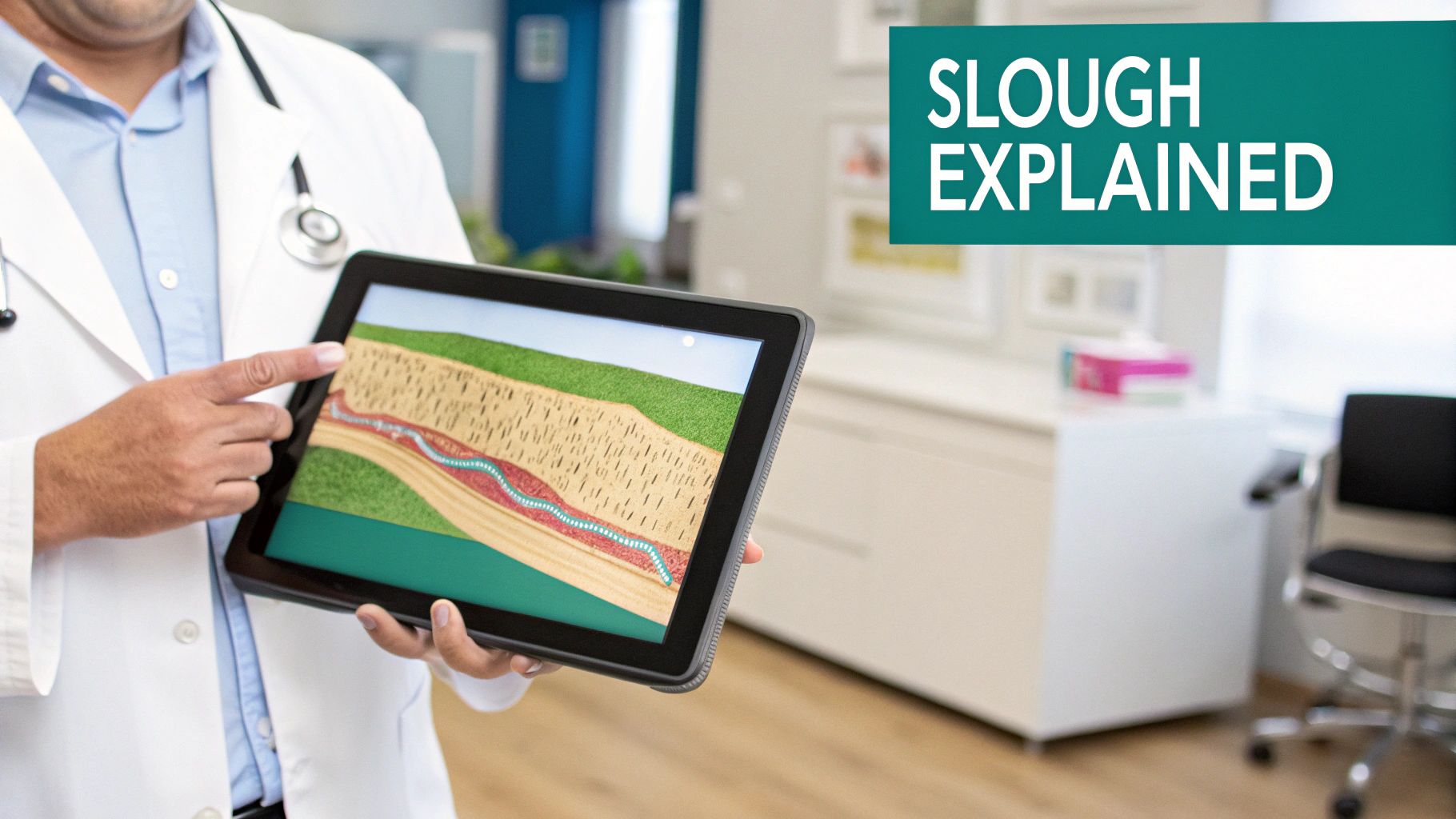 A doctor in a white coat points at a tablet displaying a medical diagram of tissue layers, with 'SLOUGH EXPLAINED' text.