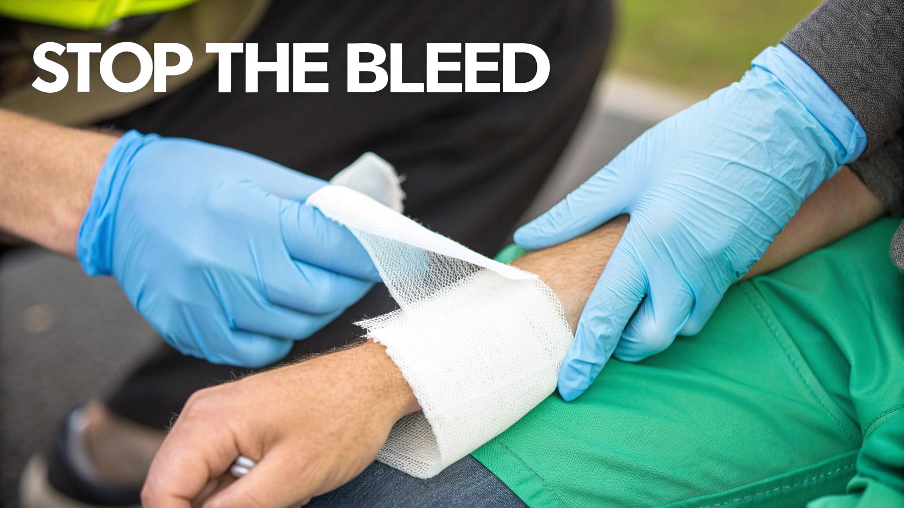 A person in blue gloves bandages another person's arm, promoting 'Stop The Bleed' initiative.