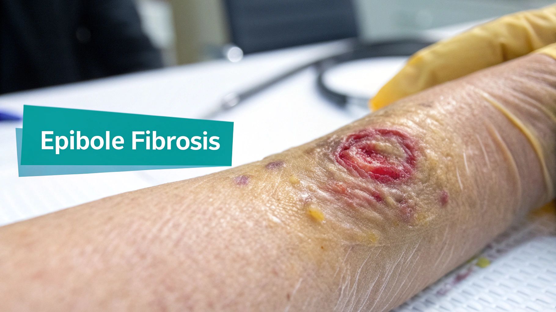 Close-up of an arm with a severe, red, and yellowish wound, demonstrating epibole fibrosis, during a medical examination.