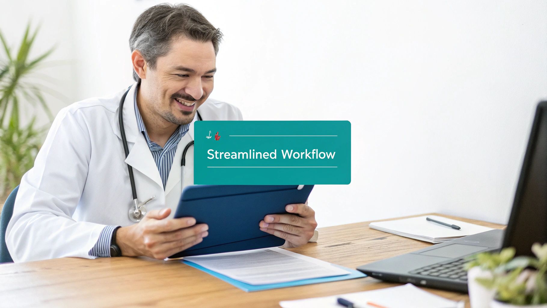 Smiling doctor in lab coat uses a tablet, showing a 'Streamlined Workflow' concept.