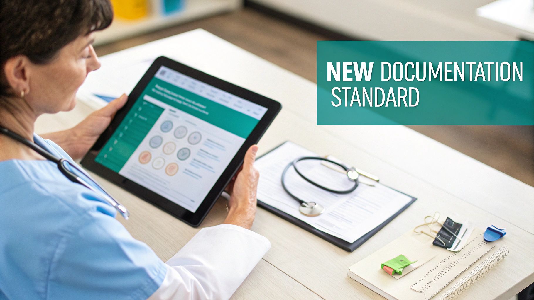 Healthcare professional in scrubs reviewing patient data on a digital tablet, with a stethoscope and medical forms on a desk.