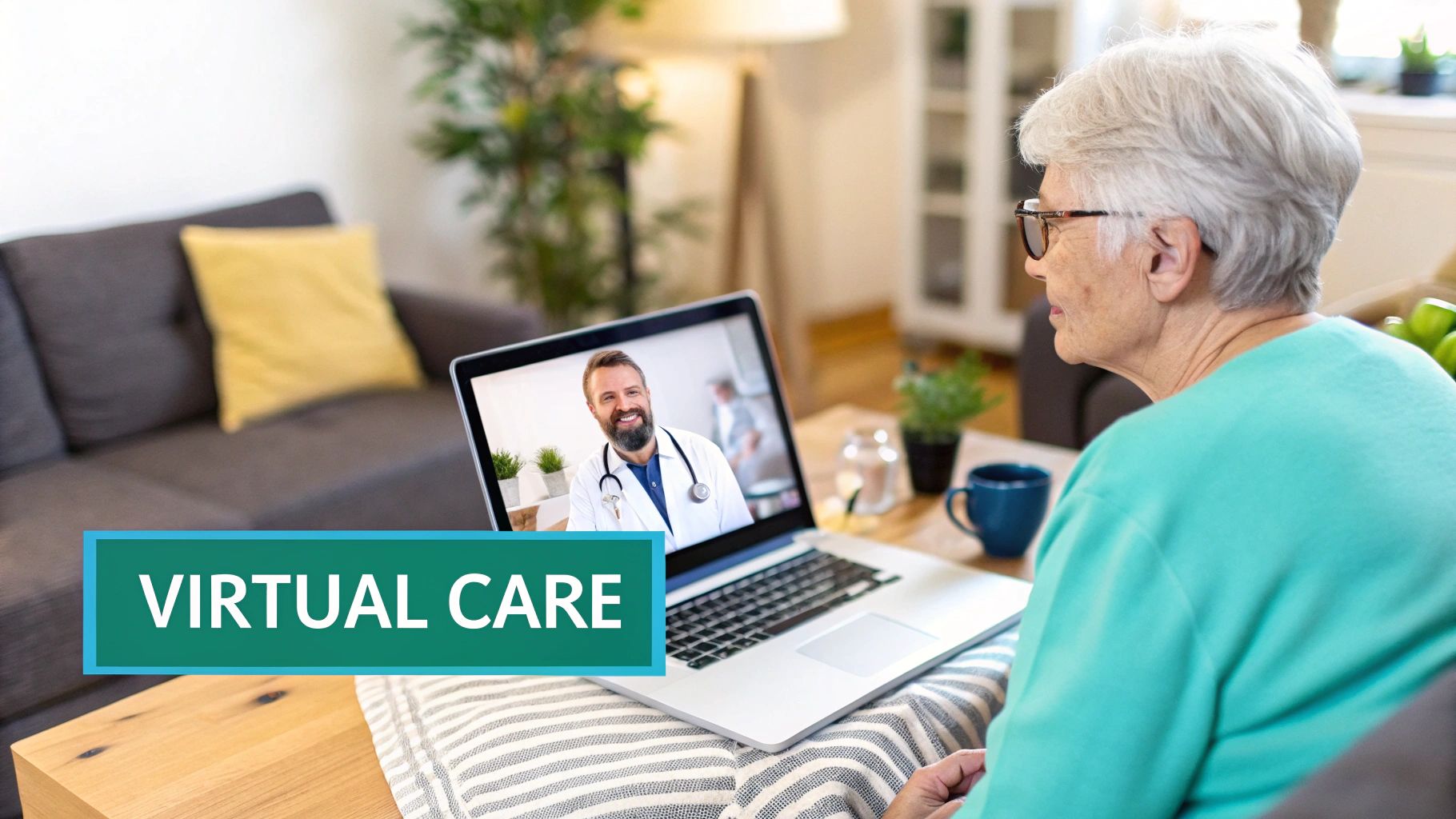 Senior woman consulting with a smiling male doctor via video call on her laptop, depicting virtual care.