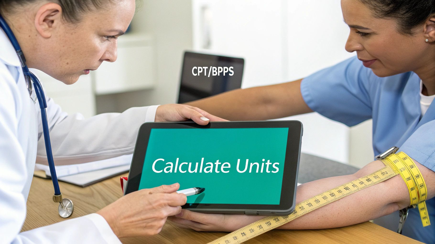 Healthcare professionals collaborating on a tablet showing 'Calculate Units' with a measuring tape on an arm.