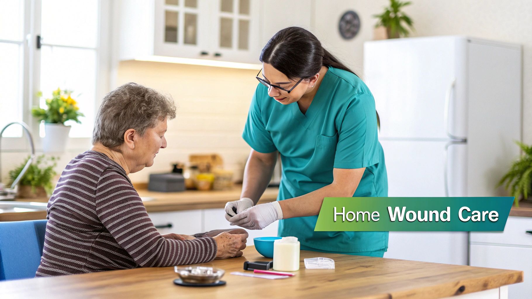 A nurse provides home wound care to an elderly woman in her kitchen.