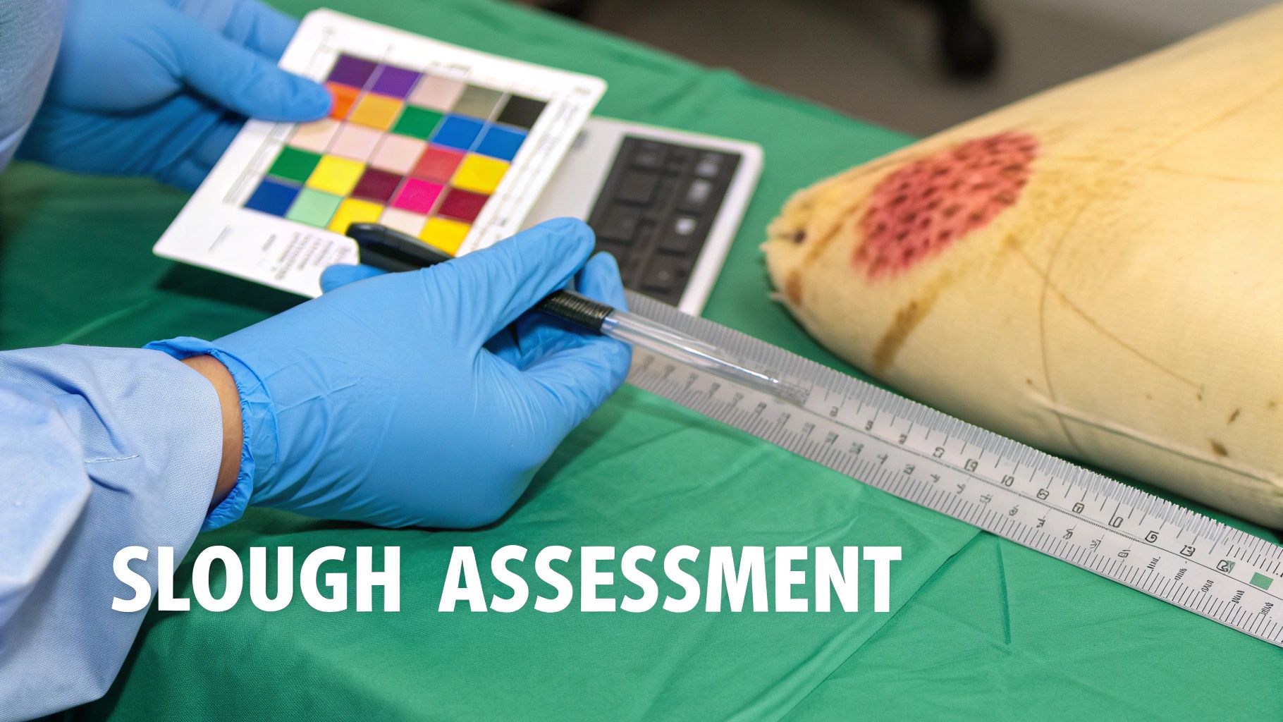 Hands in blue gloves assess a simulated wound with a color chart and ruler, marked 'SLOUGH ASSESSMENT'.