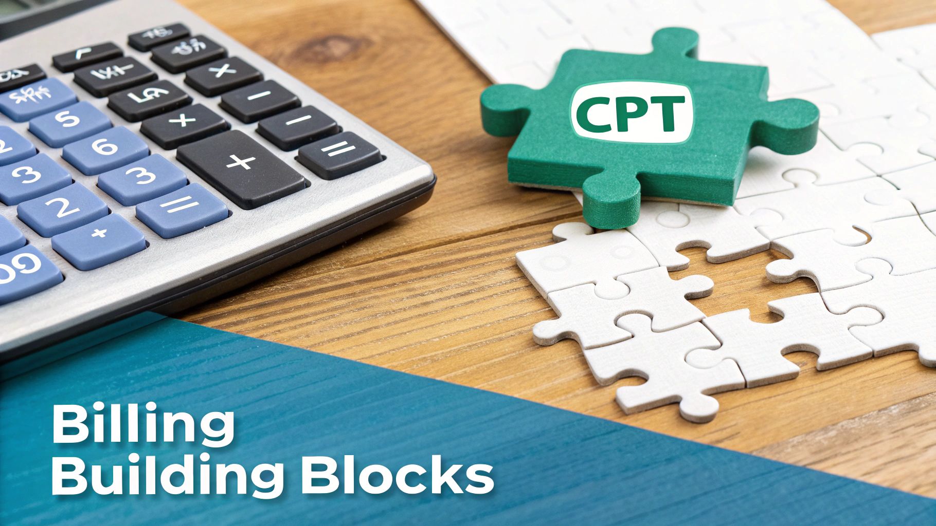A calculator, CPT code puzzle piece, and "Billing Building Blocks" text on a table.