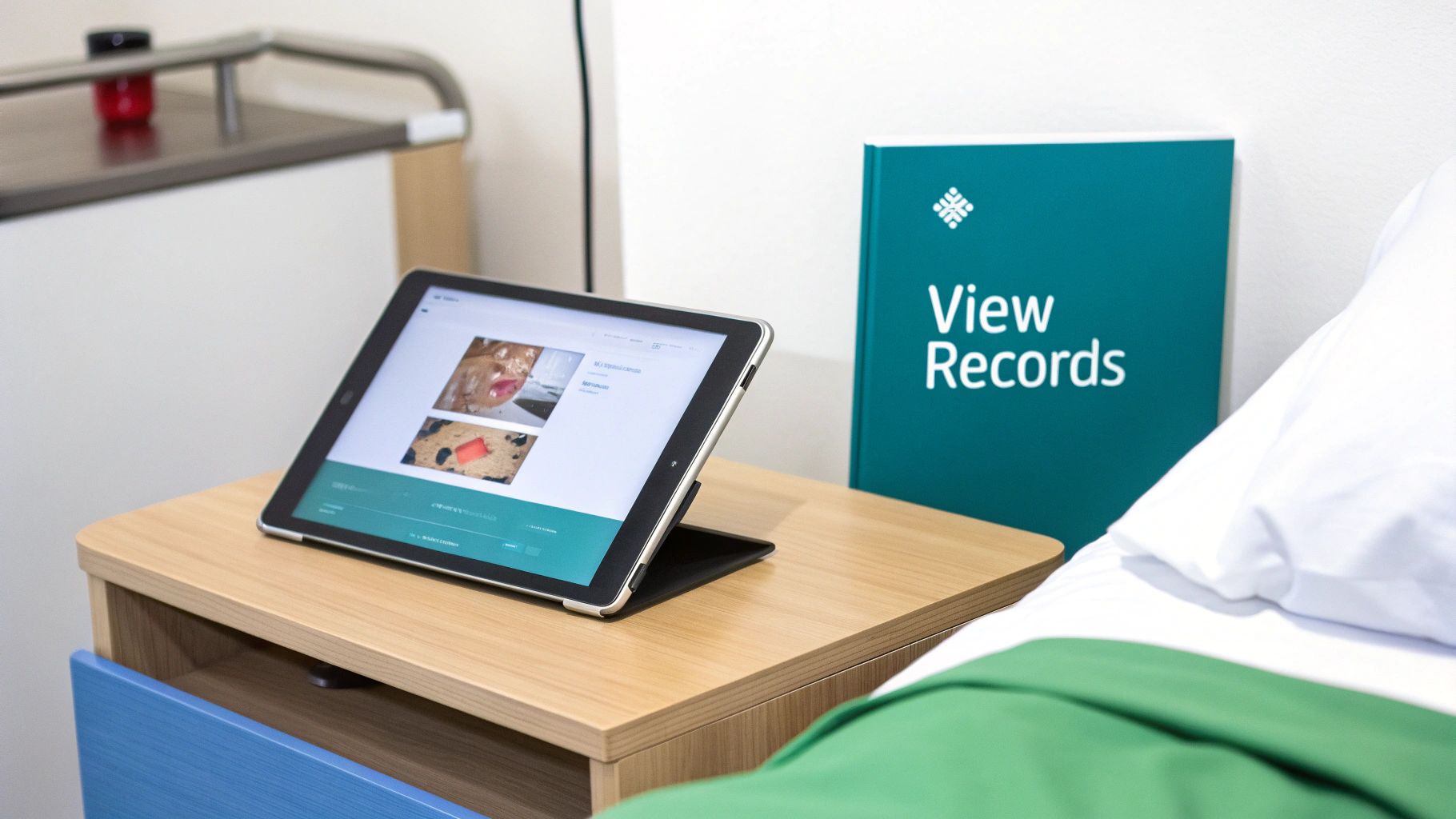 A tablet on a hospital bedside table displays medical images next to a "View Records" sign.
