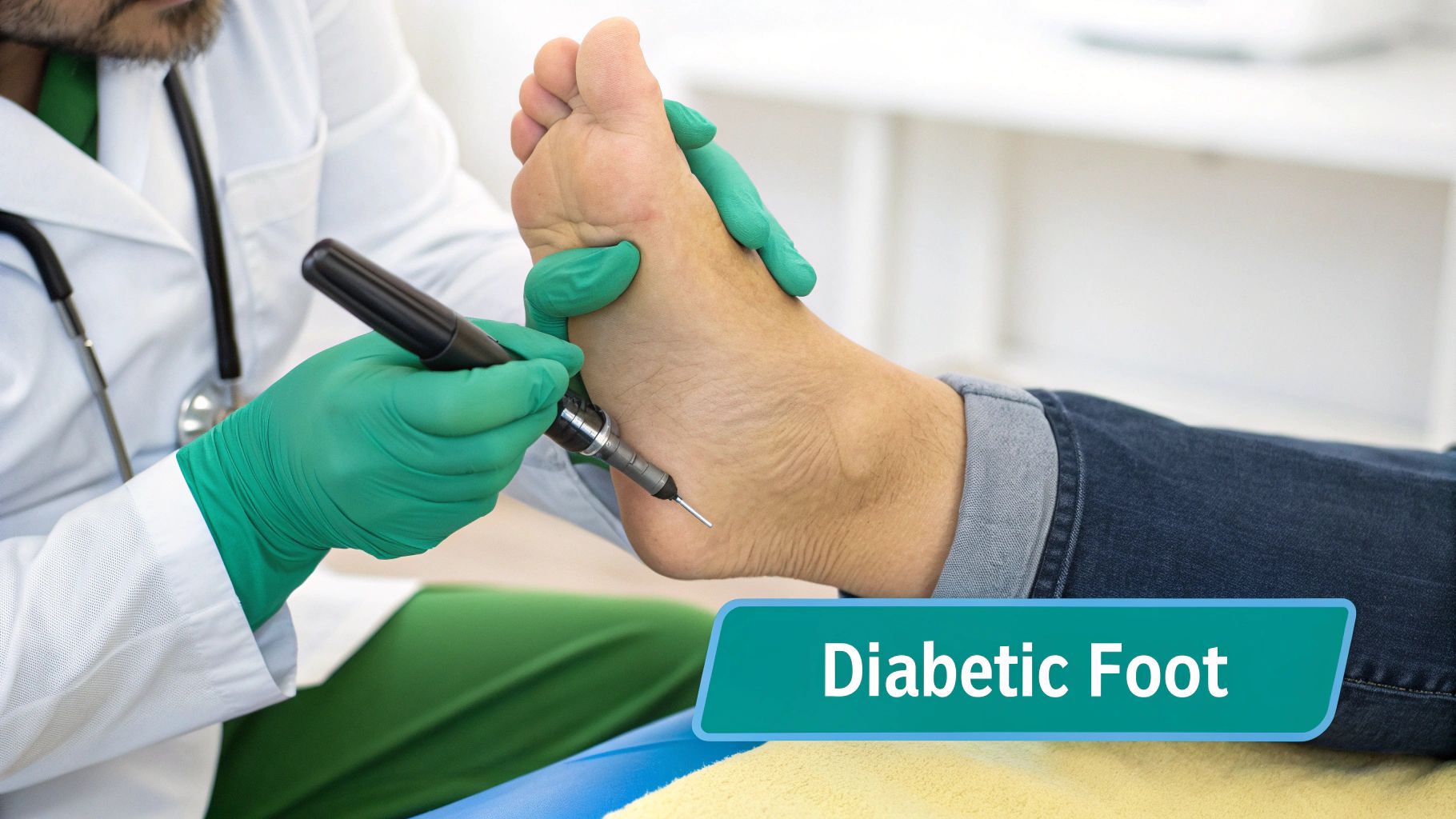 A doctor in green gloves examines a patient's foot with a medical tool, addressing diabetic foot care.