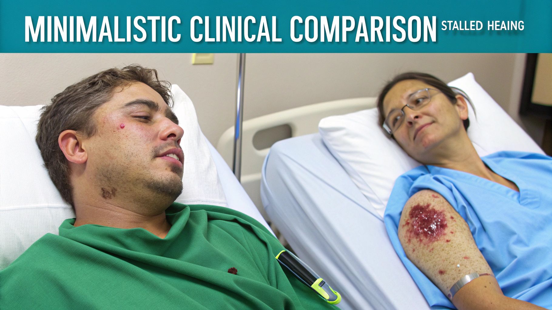 Two patients in hospital beds, one with a facial lesion, the other with a large arm wound, illustrating clinical comparison and stalled healing.