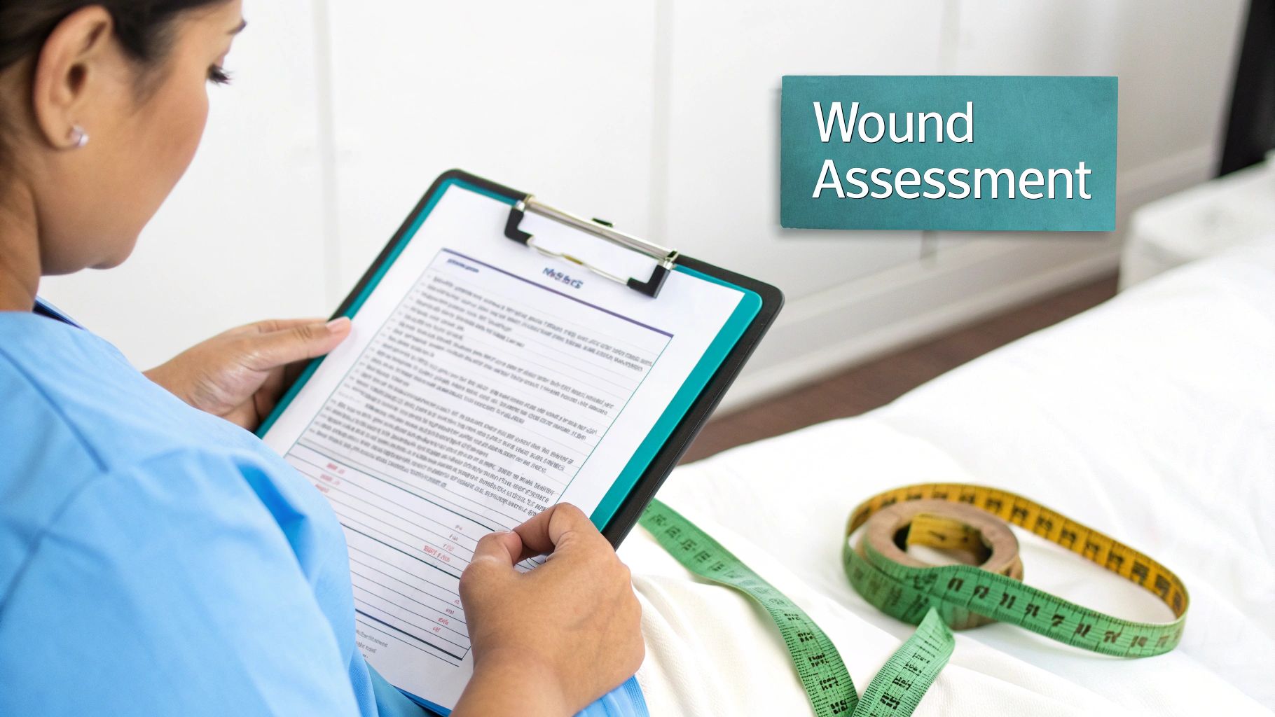 Healthcare professional documenting wound assessment with a form and measuring tape on a bed.