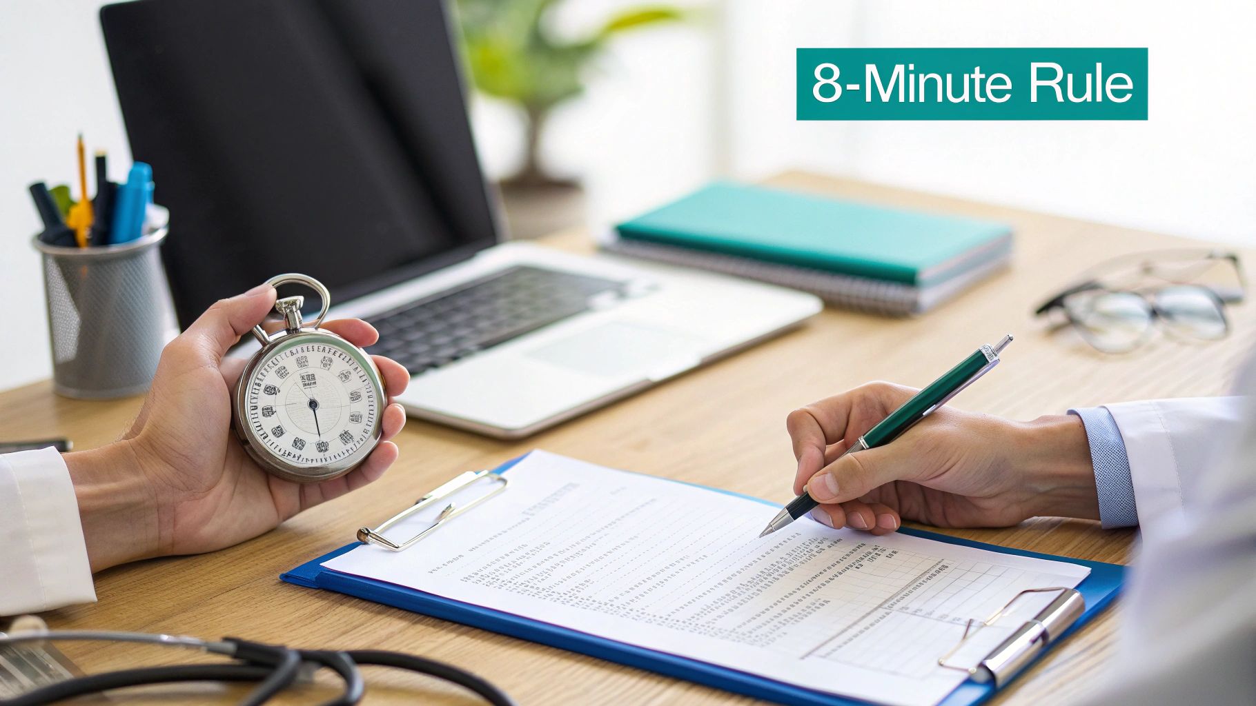 Medical professional timing an activity with a stopwatch while writing on a clipboard, illustrating the 8-Minute Rule.