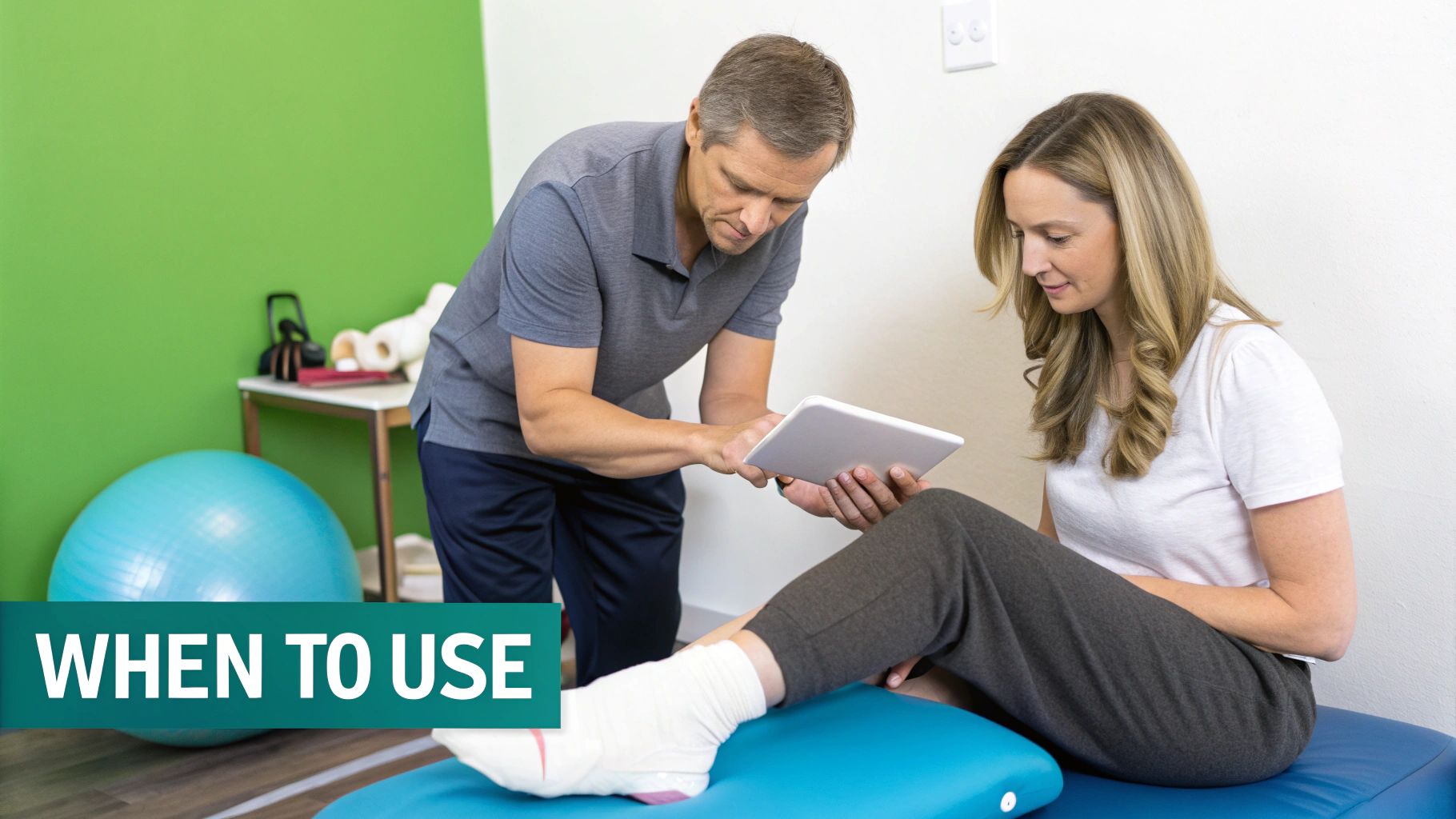 A male therapist shows a tablet to a female patient with a bandaged ankle in a clinic.