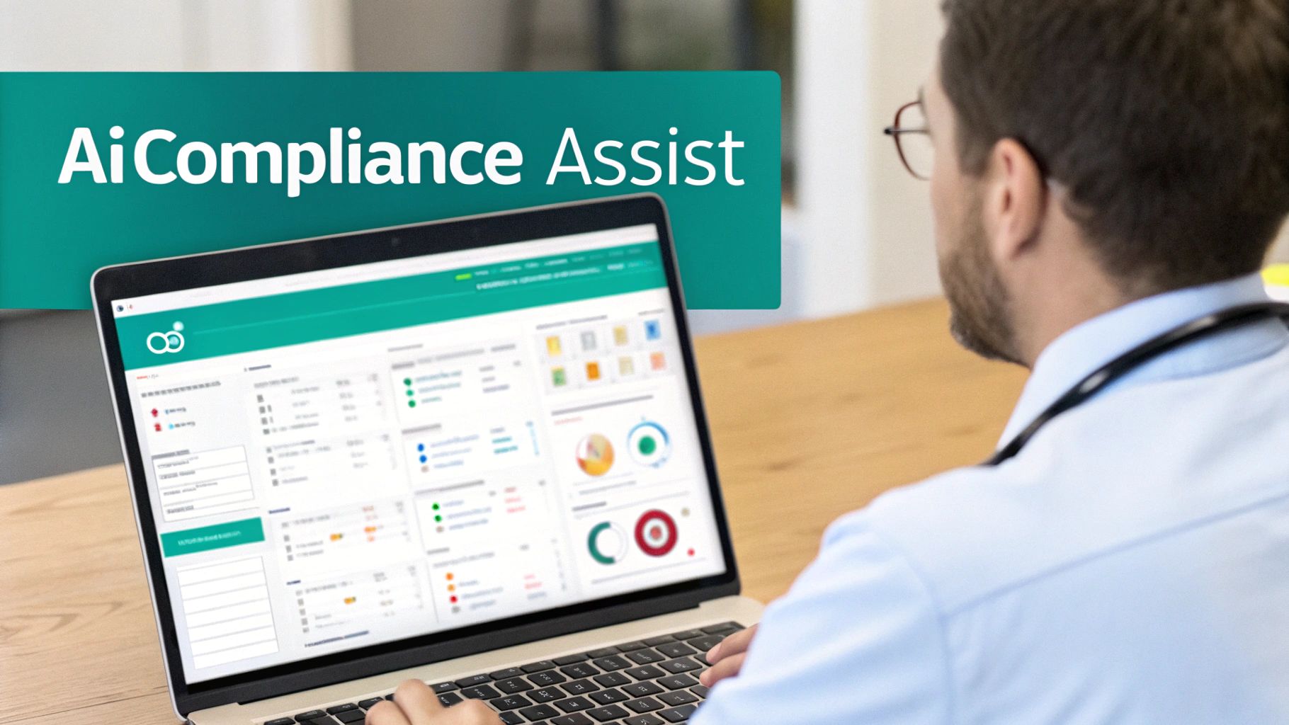 A person in a light blue shirt and glasses uses a laptop displaying 'AiCompliance Assist' software.