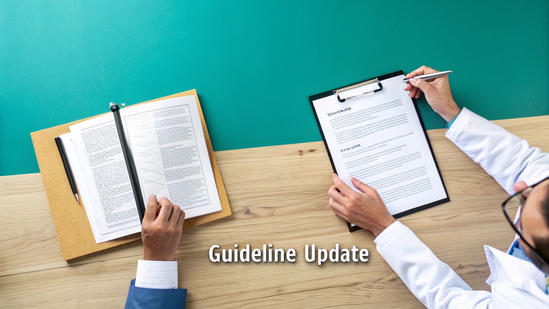 Two medical professionals reviewing guidelines and documentation, one writing on a clipboard.
