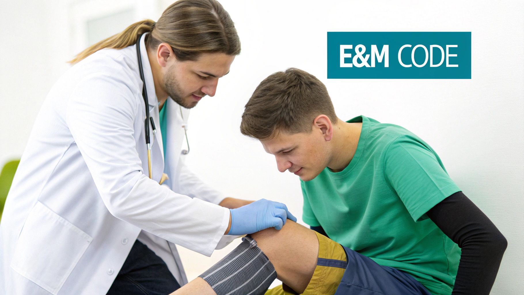 A doctor in a white coat and gloves examines a patient's knee, with 'E&M CODE' overlay.