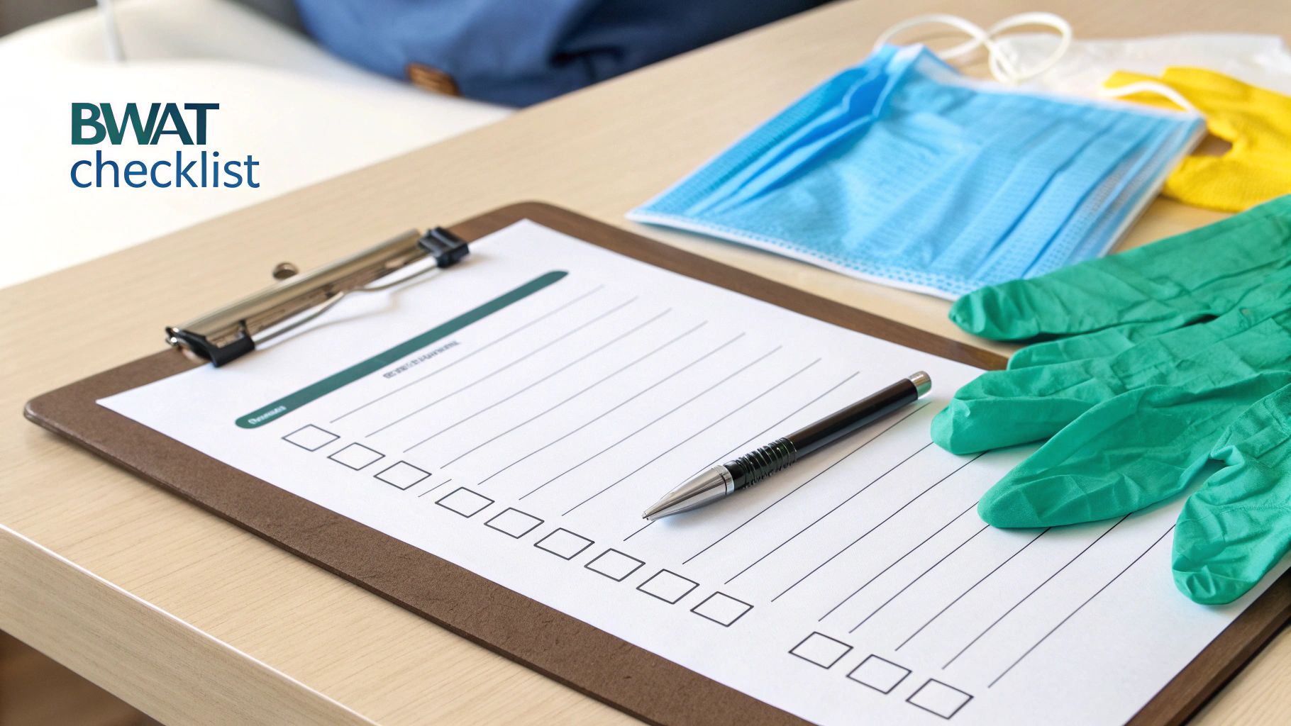 A clipboard with a BWAT checklist, pen, blue medical masks, and green gloves on a wooden desk.