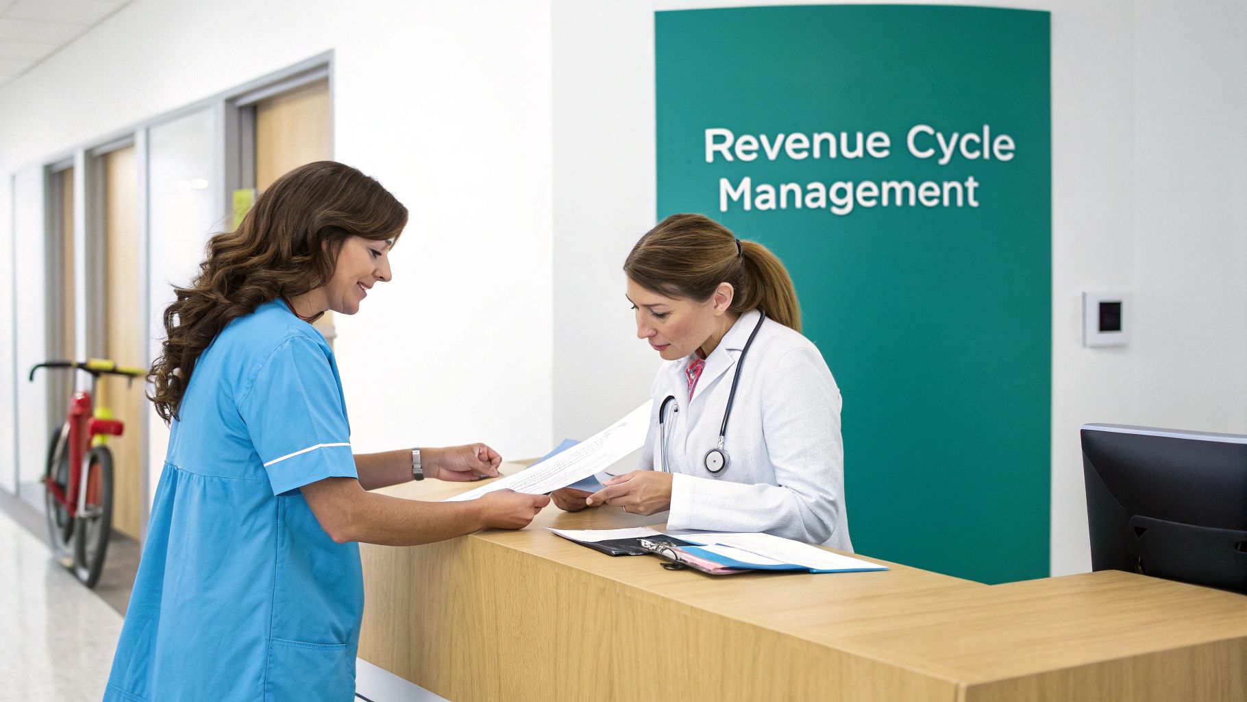 Two medical professionals discussing documents at a reception desk with a "Revenue Cycle Management" sign.