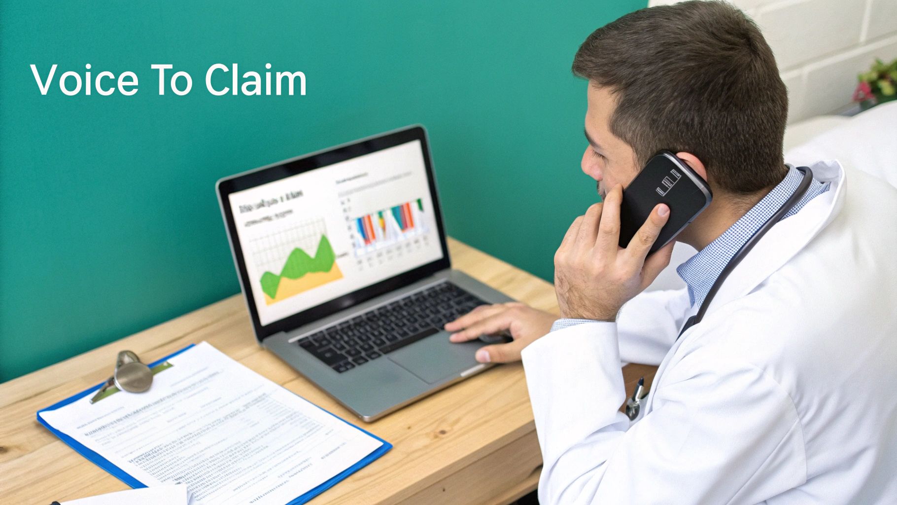 A doctor in a white coat talks on the phone while viewing charts on a laptop, with text 'Voice To Claim'.