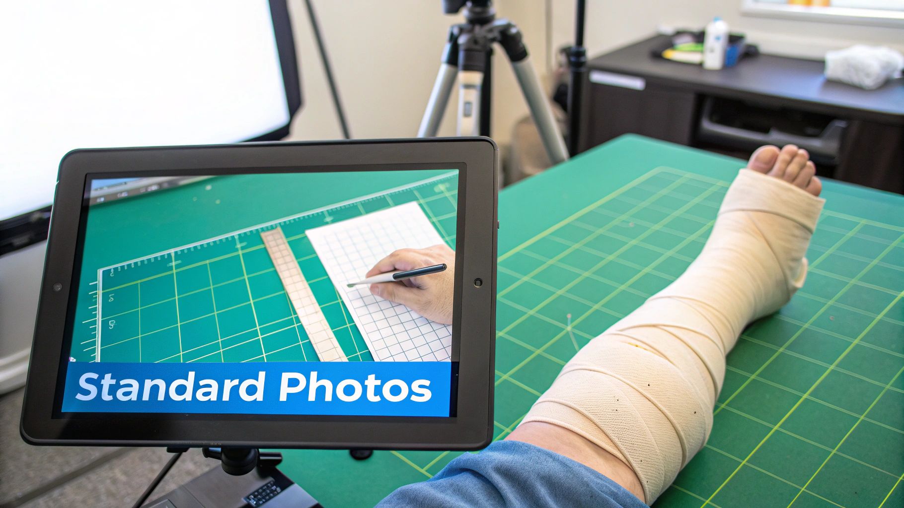 A bandaged leg rests on a green grid mat next to a tablet displaying 'Standard Photos' and a hand drawing.