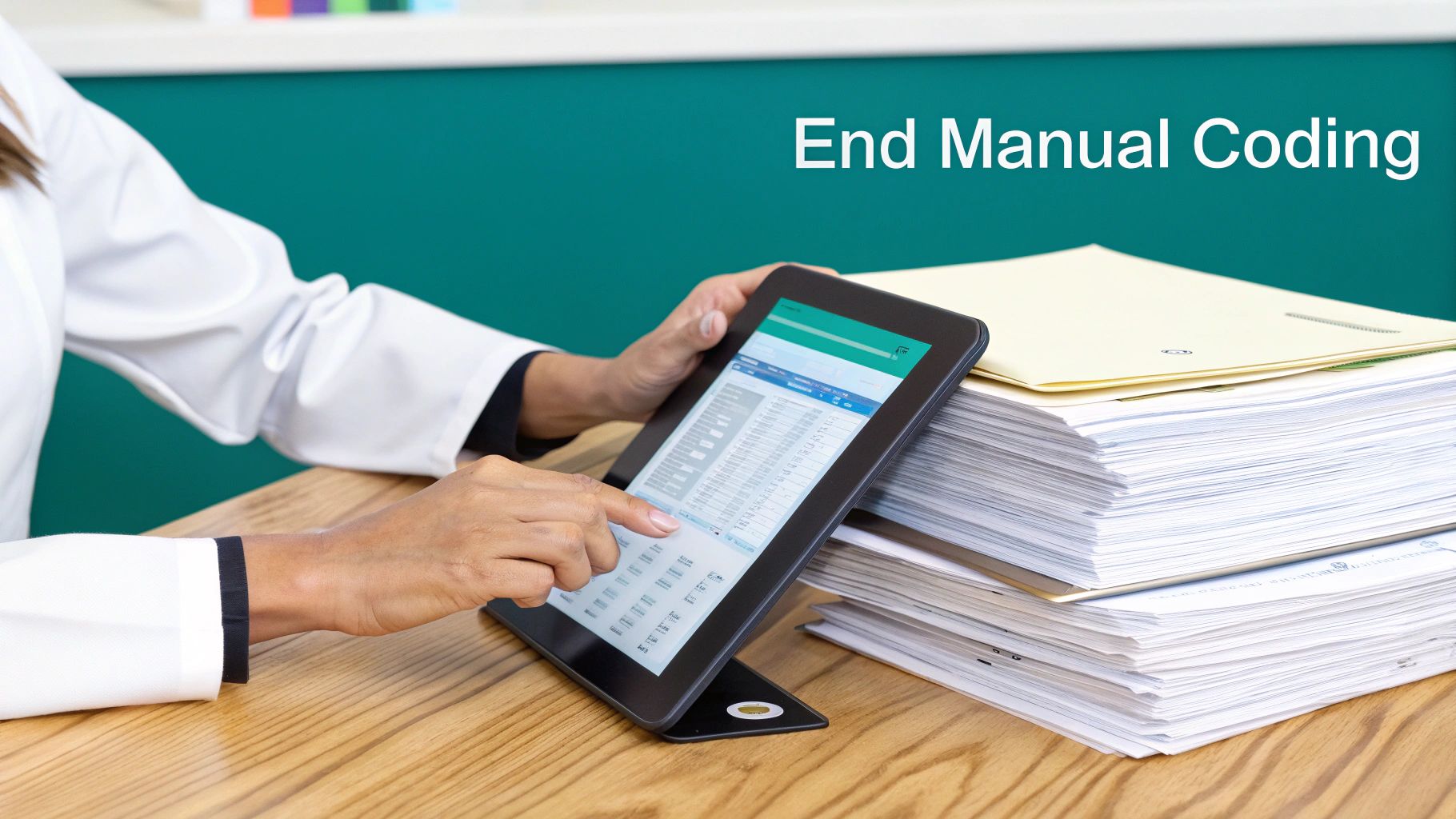 Person in a white coat uses a tablet with data, next to a large stack of paper documents.