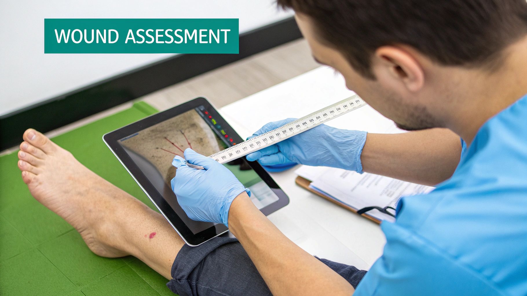 Medical professional in blue gloves measures a wound on a patient's leg using a ruler and tablet.