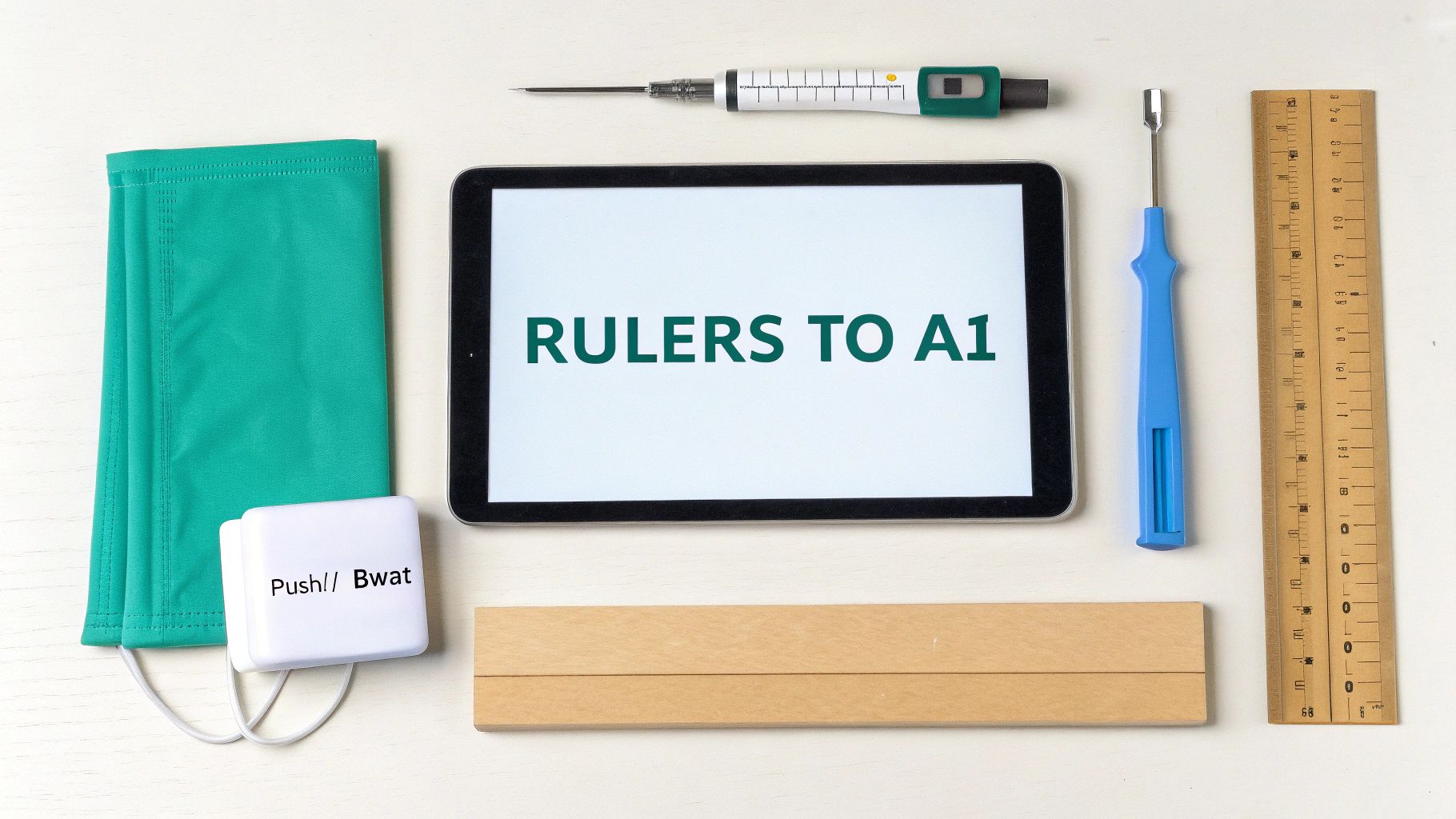 Flat lay of various medical and measurement tools, including a tablet displaying 'RULERS TO A1'.