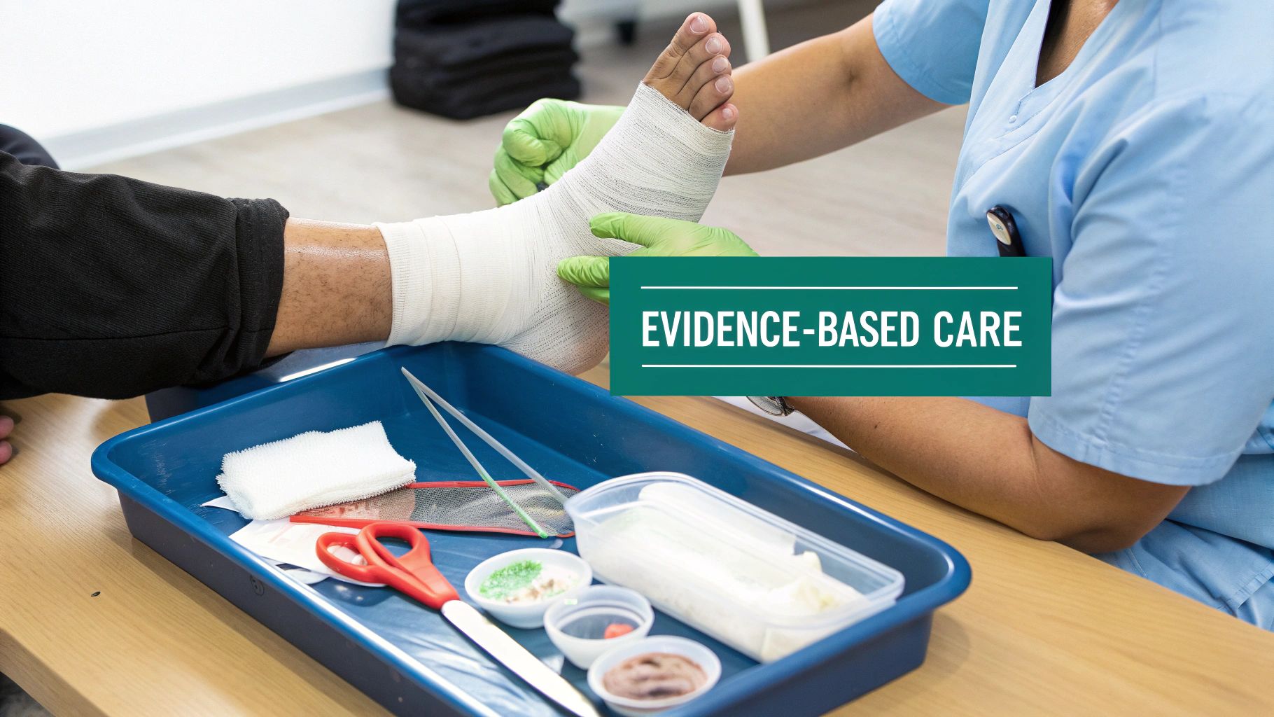 A healthcare worker applies a bandage to a patient's foot, demonstrating evidence-based care practices.