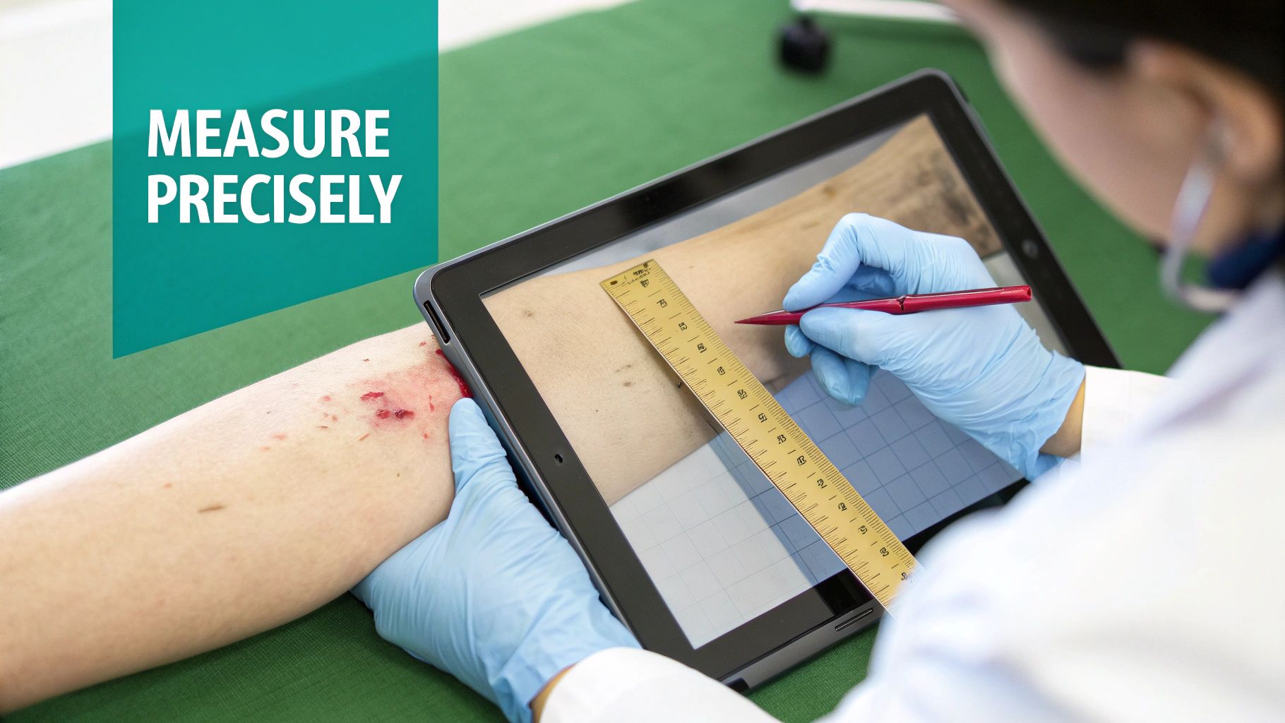 Medical professional in gloves precisely measuring a wounded arm with a ruler displayed on a tablet.