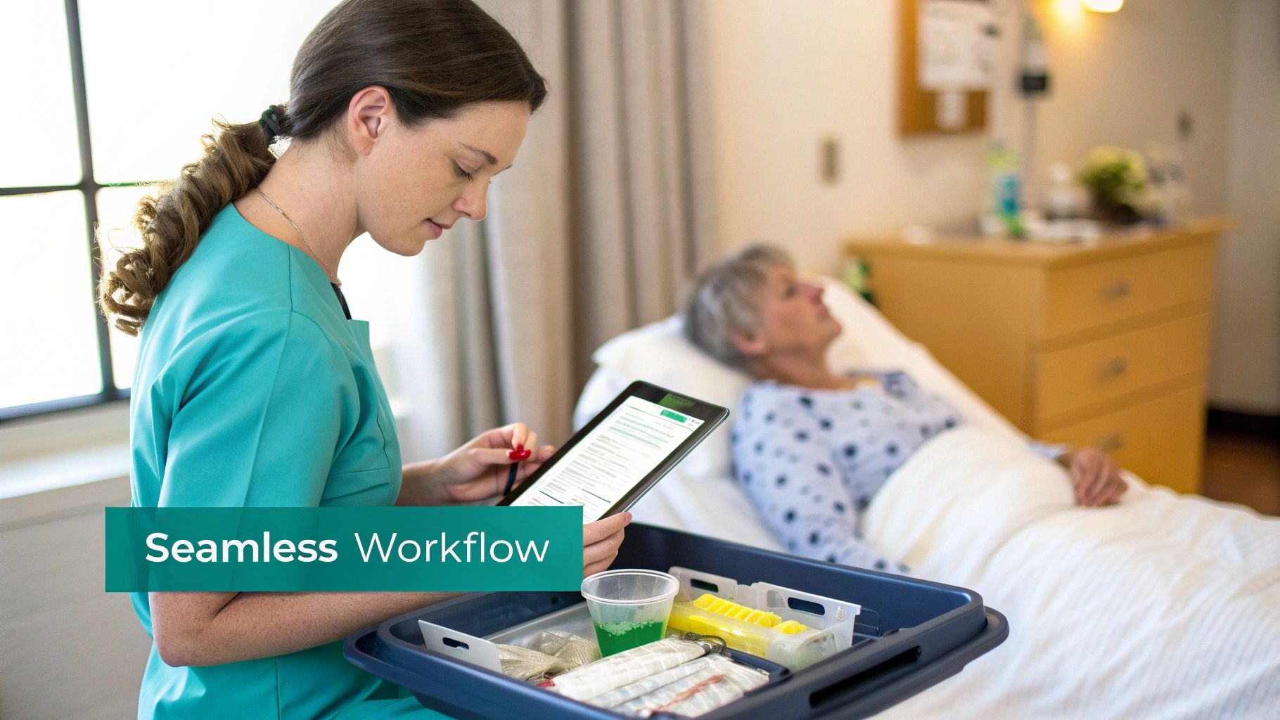 A nurse uses a digital tablet for patient care, with a patient resting in a hospital bed in the background.