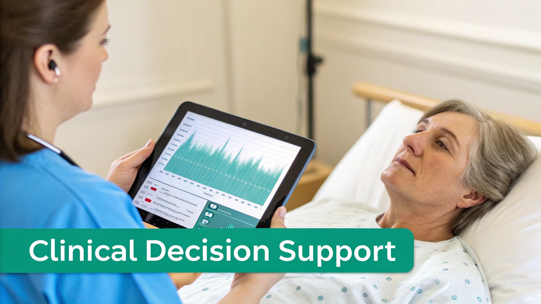 A healthcare professional reviews clinical data on a tablet with an elderly patient in a hospital bed.