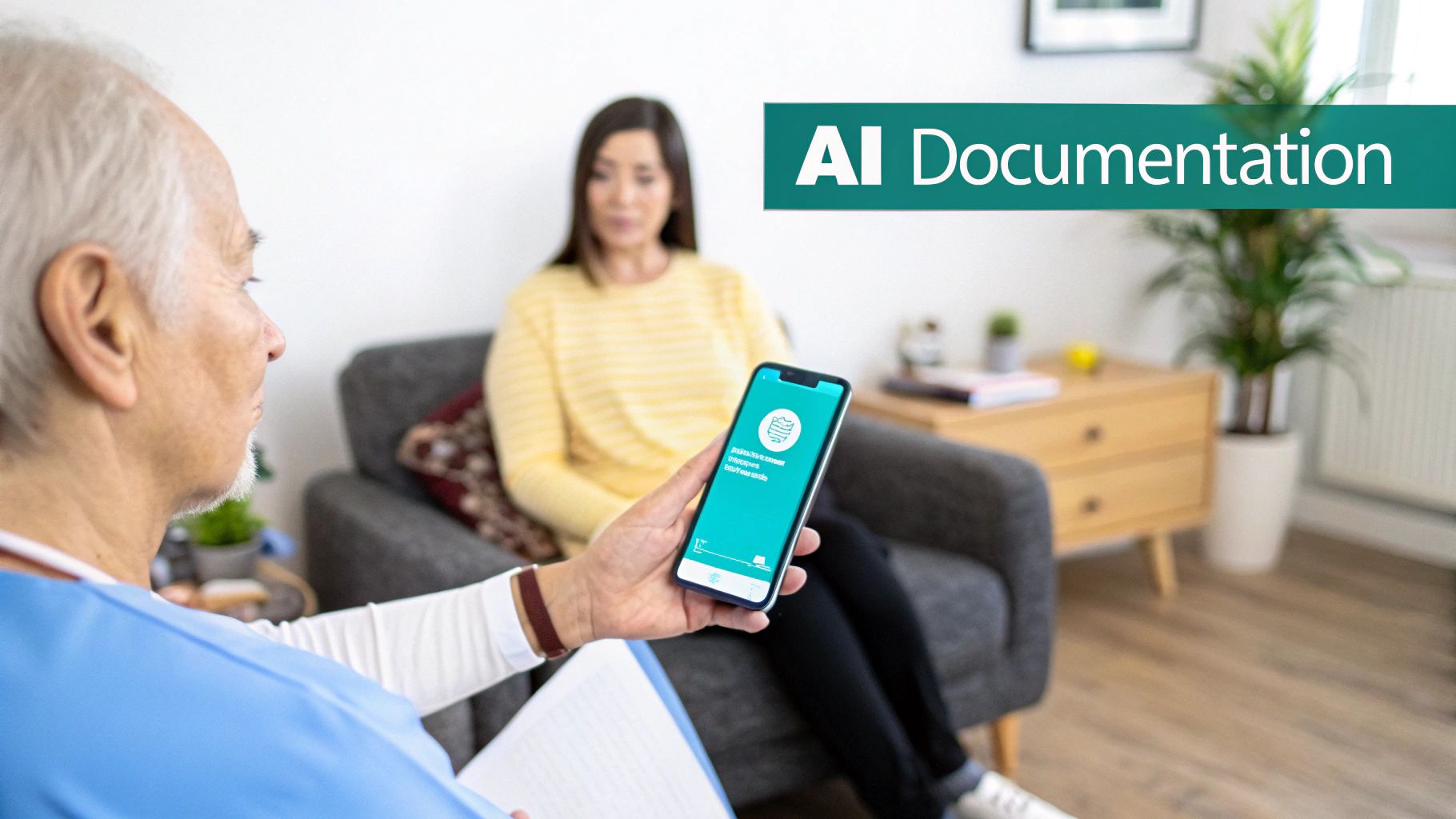 Medical professional uses an AI documentation app on a smartphone during a patient consultation.