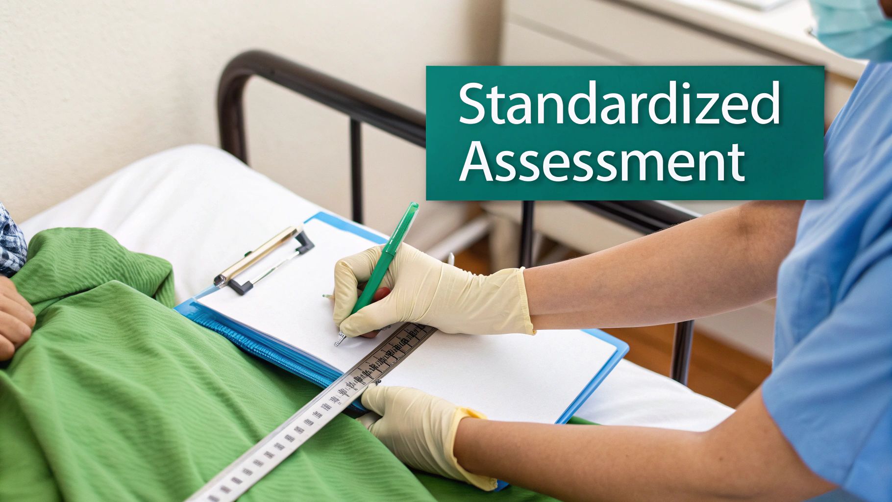 Medical professional performing a standardized assessment, measuring and documenting patient data in a hospital setting.