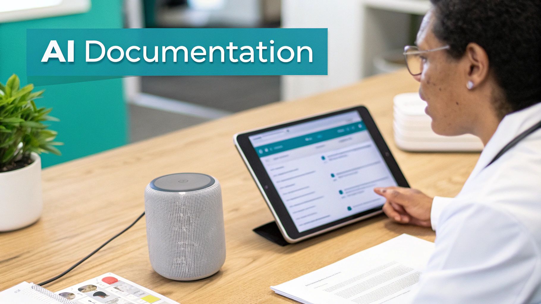 Healthcare worker in white coat using a tablet and smart speaker for AI documentation.