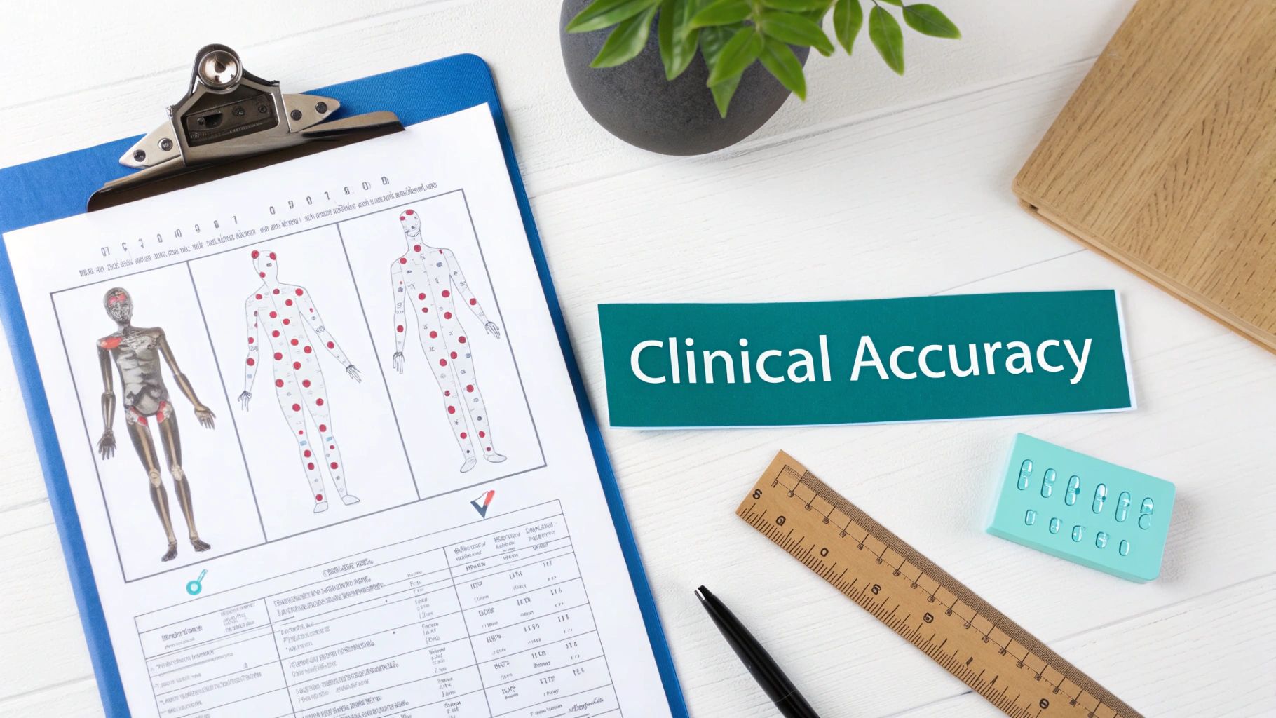 A clipboard with medical documentation templates, a pen, ruler, and 'Clinical Accuracy' sign on a desk.
