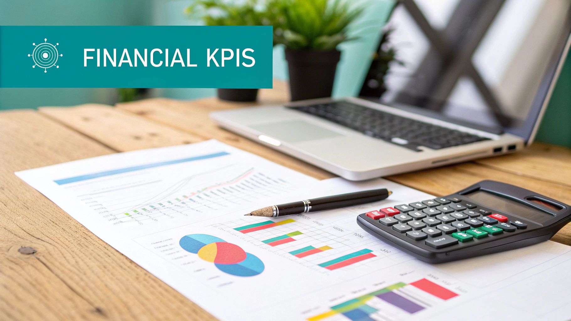 A desk with financial reports, graphs, a calculator, pen, laptop, and 'FINANCIAL KPIS' banner.