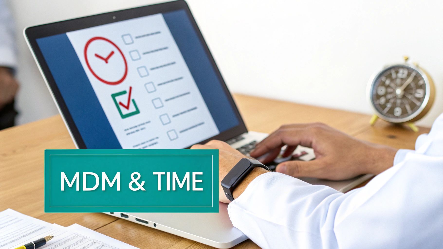 Person working on a laptop with a checklist and clock icons on screen, and an alarm clock on the desk, with text 'MDM & TIME'.