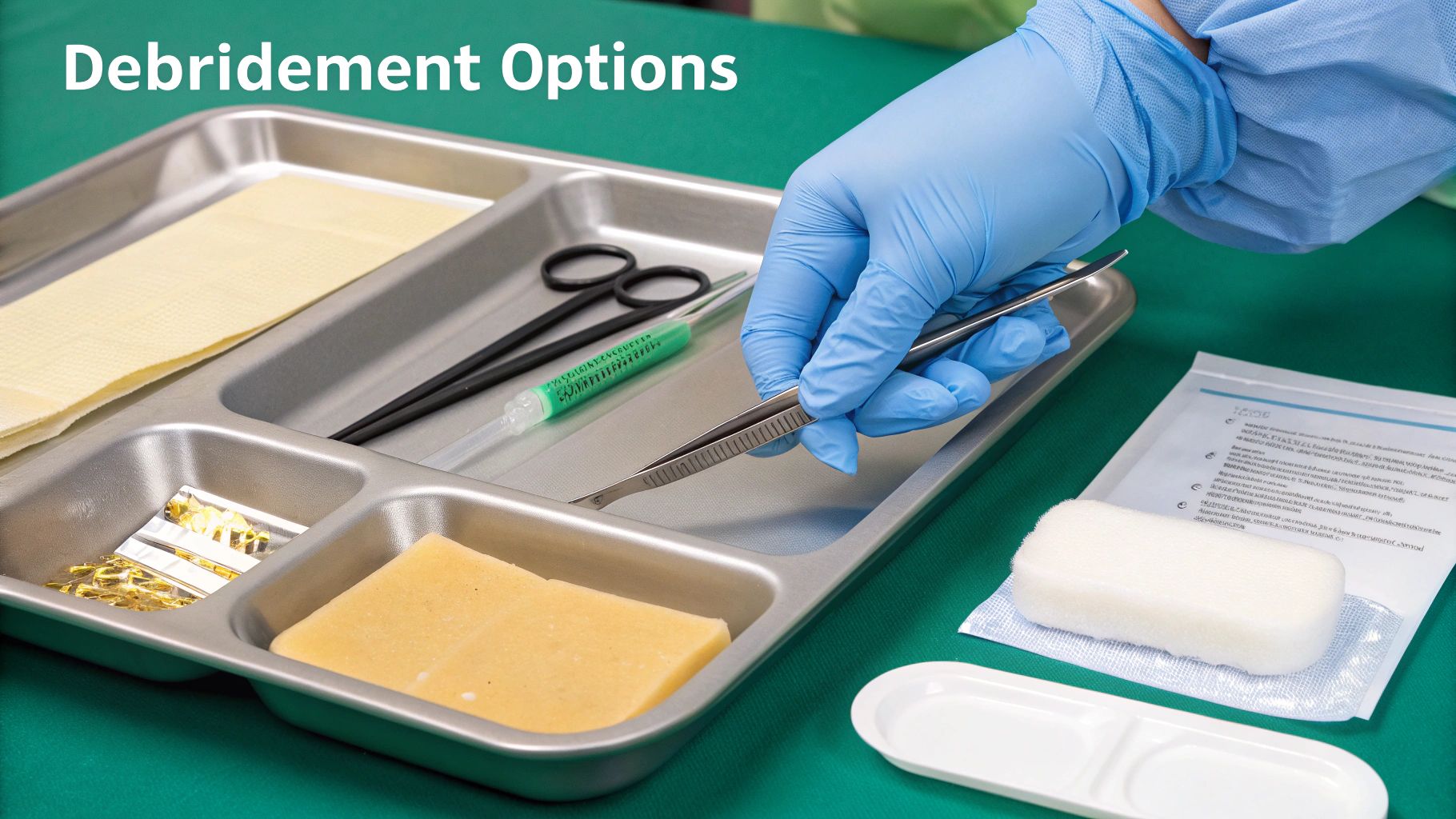 A gloved hand holds forceps over a medical tray with debridement tools and wound care supplies.