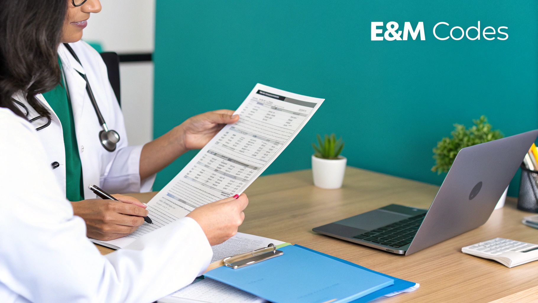 Two medical professionals discuss E&M codes, reviewing a document at a desk with a laptop.