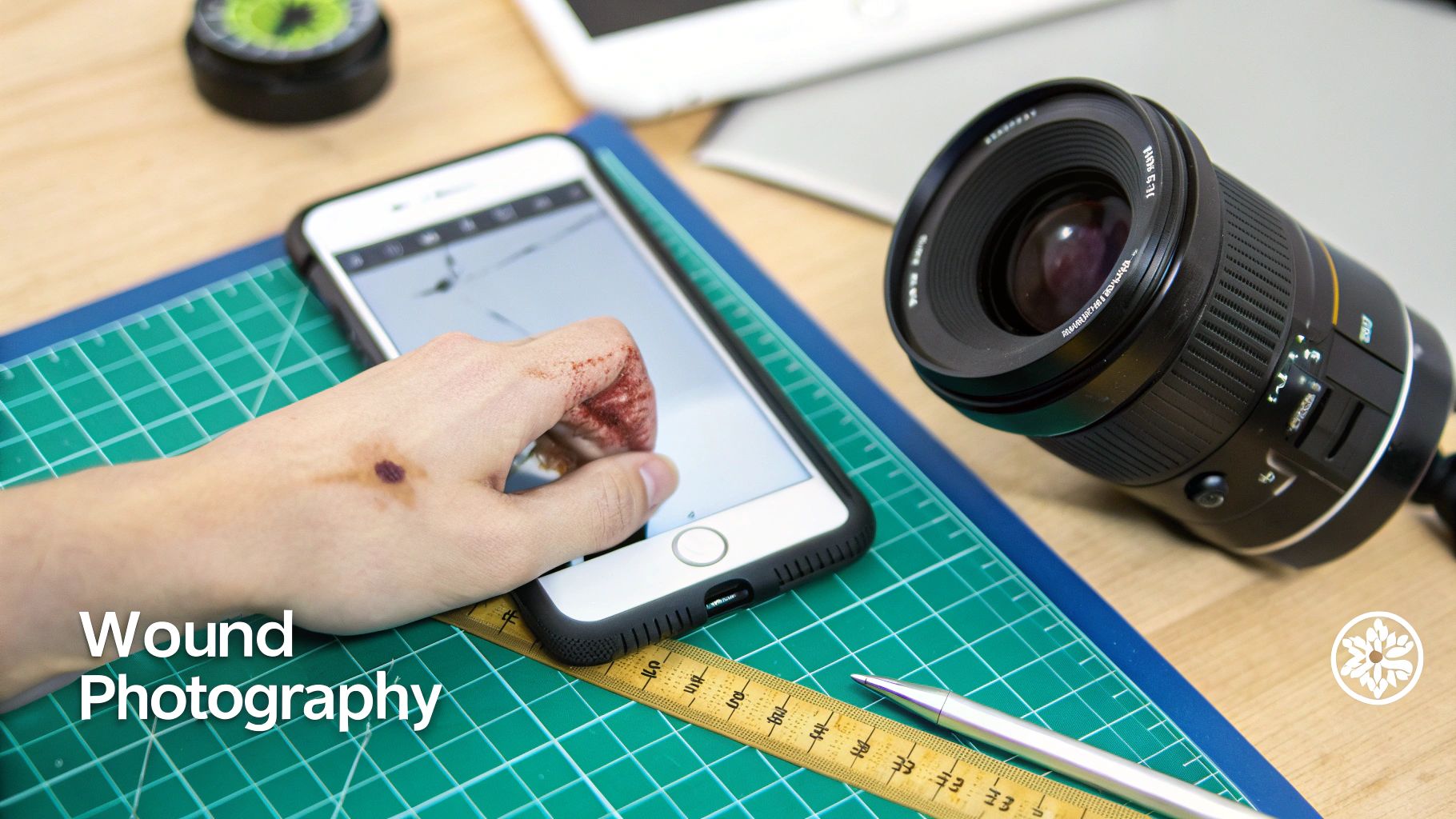 Hand with simulated wounds holds a smartphone, with a camera lens and ruler on a mat.