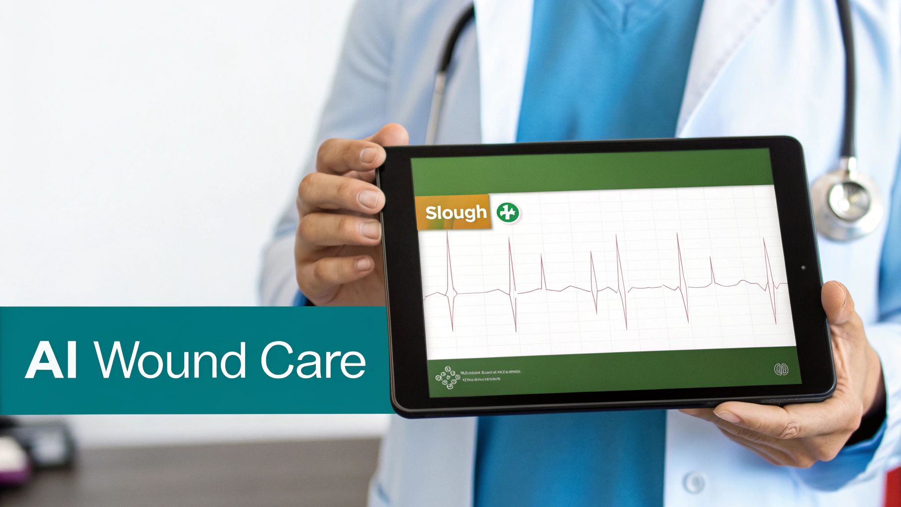 Doctor holding a tablet showing an ECG graph and the word Slough, with 'AI Wound Care' text.