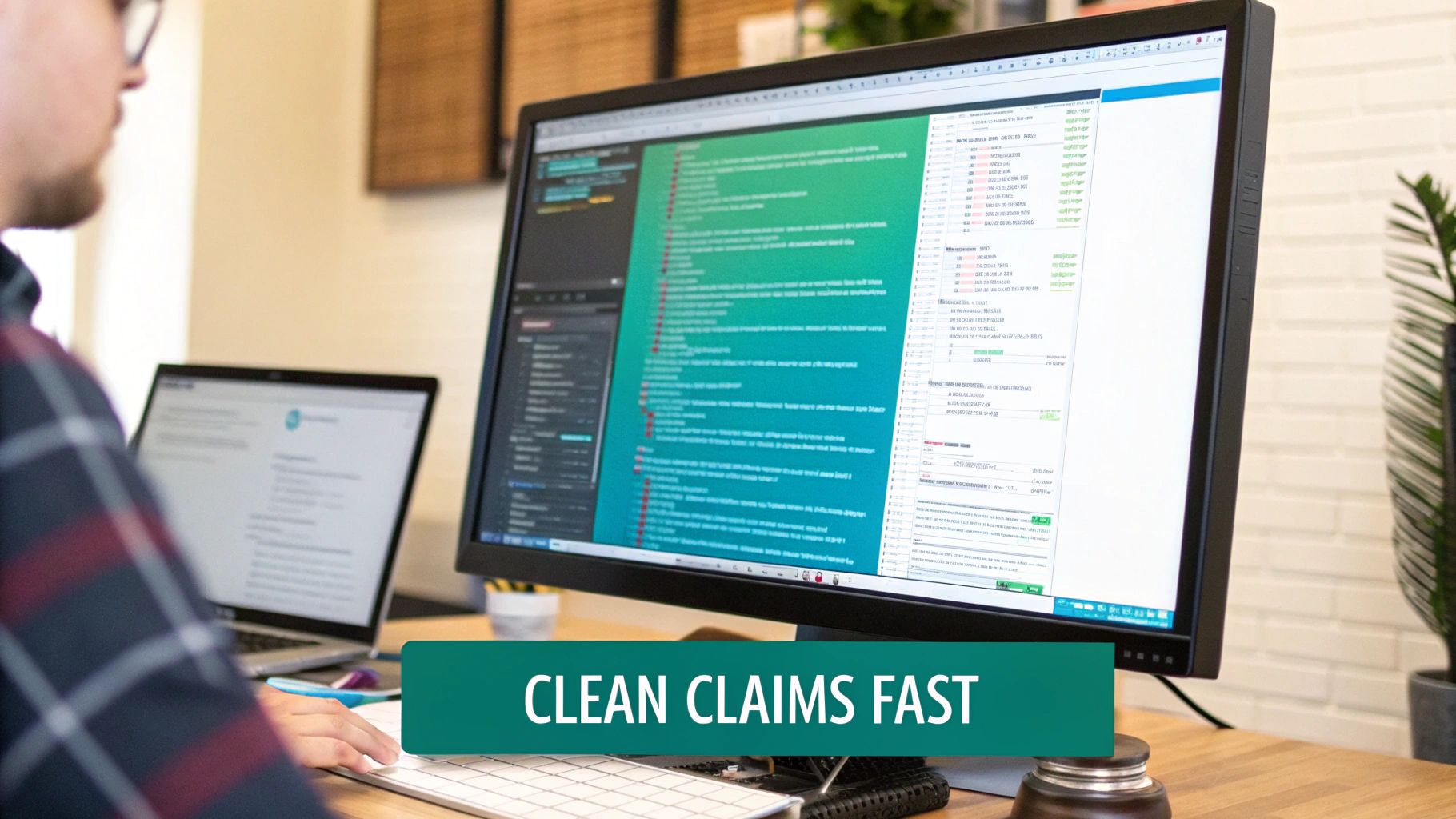A person works at a desk with a laptop and monitor showing code, featuring a 'CLEAN CLAIMS FAST' banner.