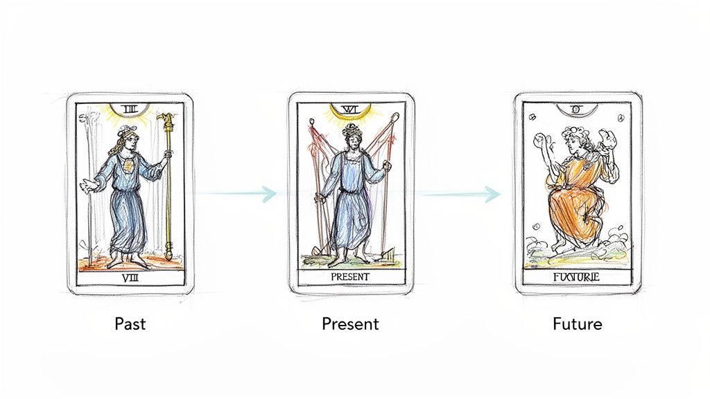 A three-card tarot spread, hand-drawn, illustrating past, present, and future positions for a reading.
