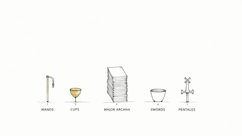 Illustrations of Wands, Cups, Major Arcana cards, Swords, and Pentacles, representing tarot card suits.