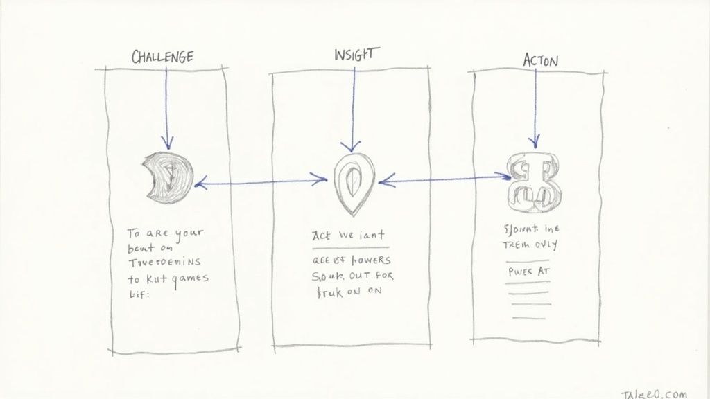 Hand-drawn diagram outlining a conceptual process: Challenge, Insight, Action, with interconnected symbols and handwritten text.