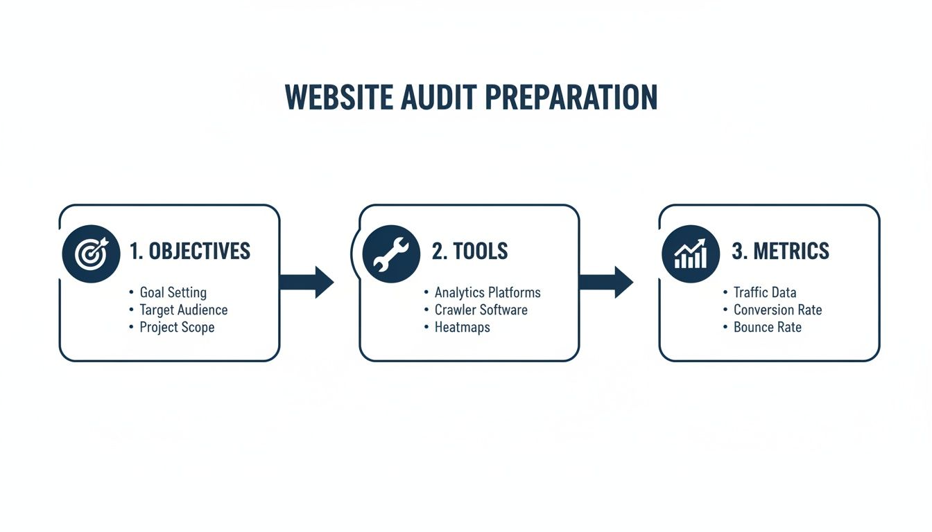 Flowchart outlining three steps for website audit preparation: objectives, tools, and metrics.