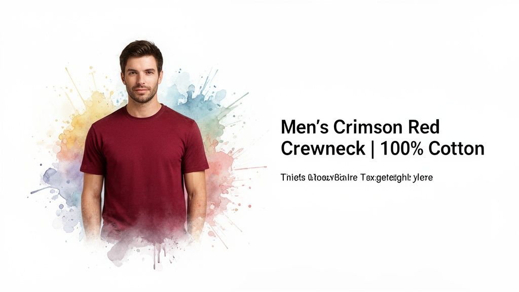 A man models a men's crimson red 100% cotton crewneck t-shirt against a colorful splash background.
