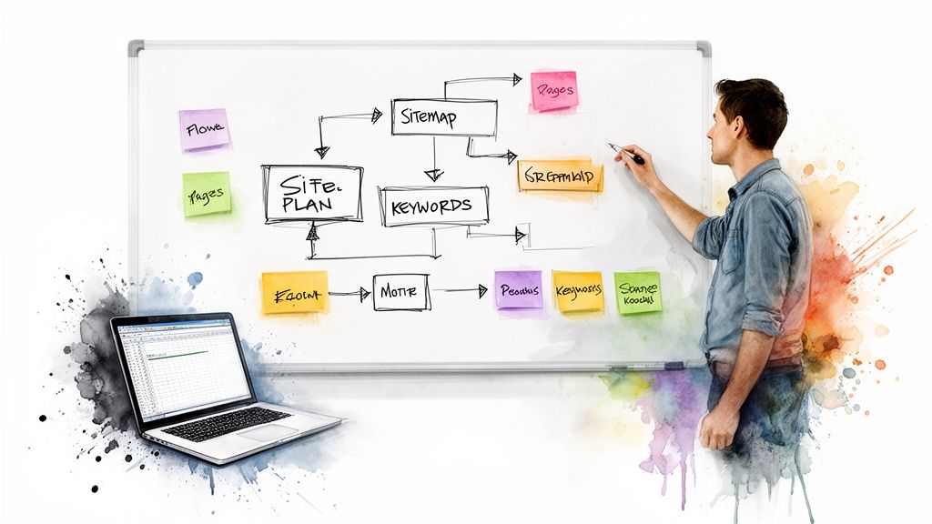 A man draws a sitemap and keyword strategy on a whiteboard with a laptop nearby.